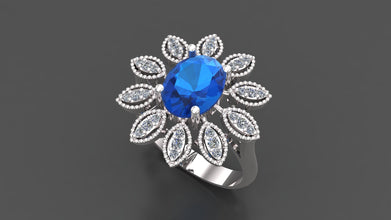 Sterling Silver Flower Ring – Oval Cut Gemstone with Halo Diamond Accents