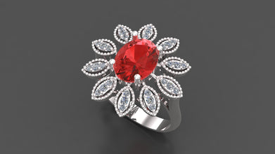 Sterling Silver Flower Ring – Oval Cut Gemstone with Halo Diamond Accents