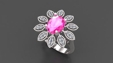 Sterling Silver Flower Ring – Oval Cut Gemstone with Halo Diamond Accents