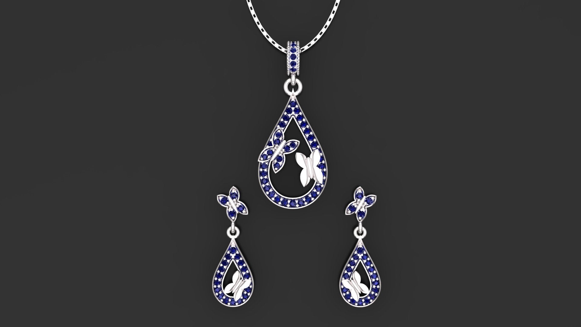 "Minzaari Jewels' Faraasha butterfly set with royal sapphire blue stones."