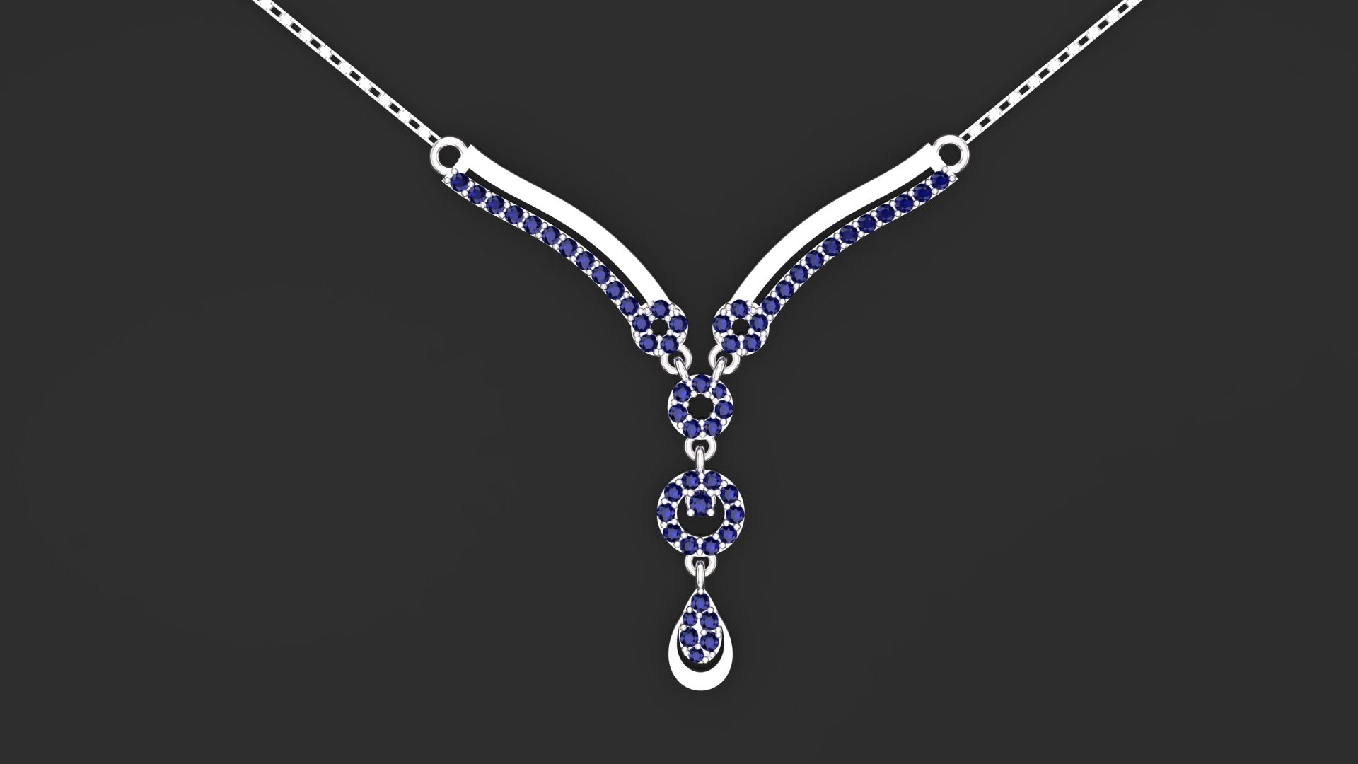 Amira" silver Y-necklace with sapphire blue gemstones for formal wedding events
