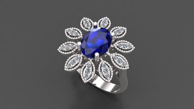 Sterling Silver Flower Ring – Oval Cut Gemstone with Halo Diamond Accents