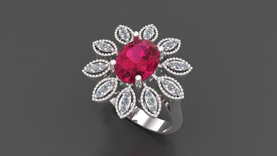 Sterling Silver Flower Ring – Oval Cut Gemstone with Halo Diamond Accents