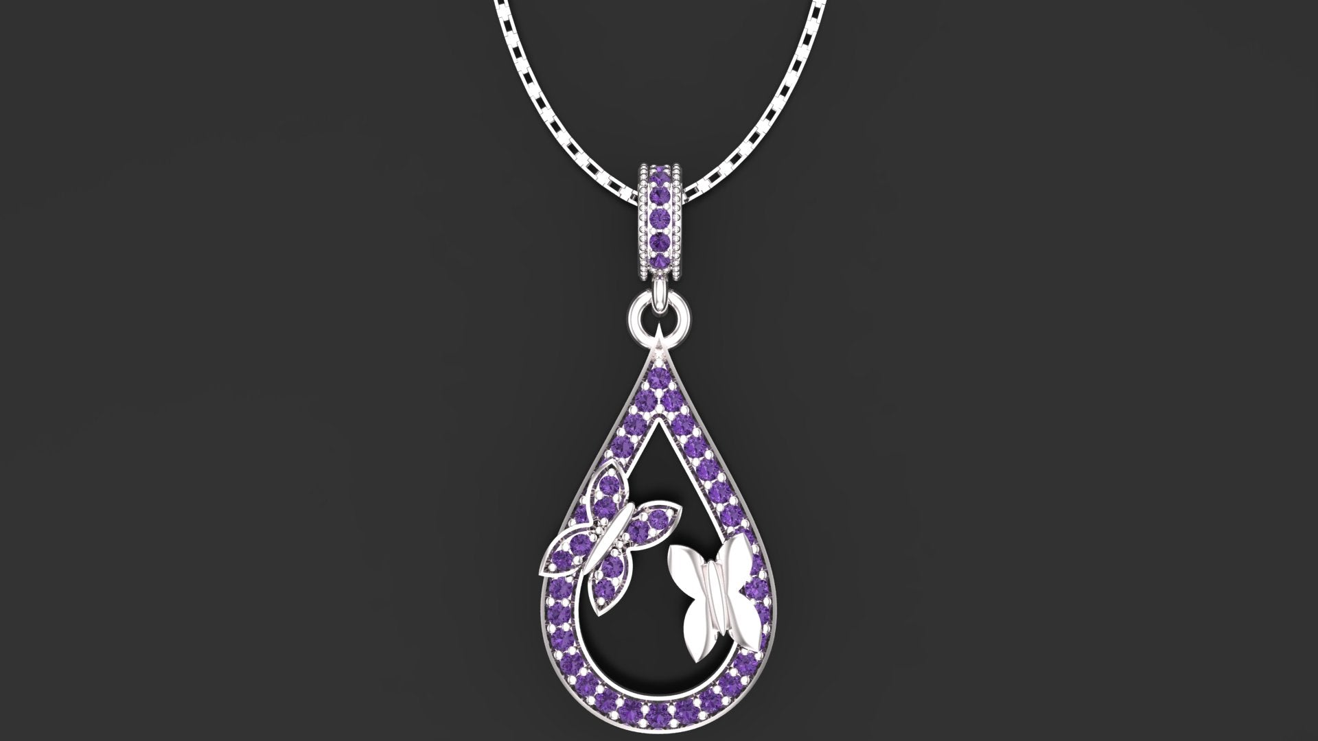 A close-up of the "Faraasha" butterfly necklace featuring amethyst purple stones and a silver chain.
