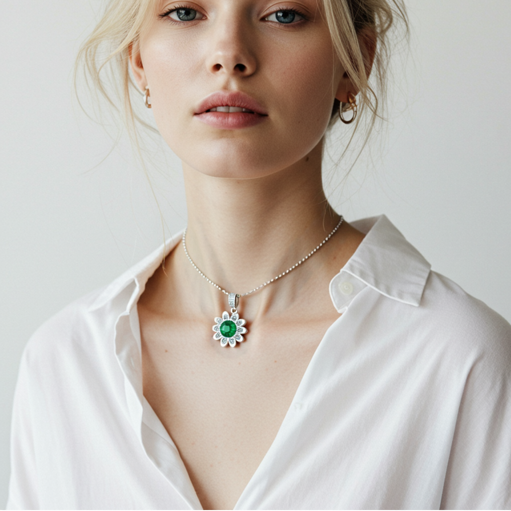 Custom Silver Flower Locket Pendant with Gemstone |Custom Stone Necklace