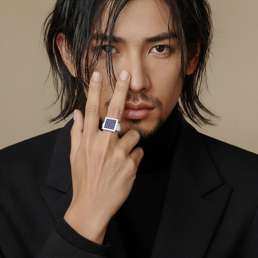 Apex" men's silver statement ring with a grid of deep blue sapphire gemstones