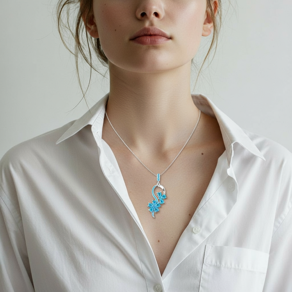 Elara Silver Birthstone Necklace with Garnet Blue gemstones