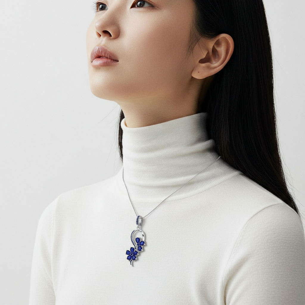 Elara Custom Birthstone Pendant for September featuring Sapphire Blue gemstones.