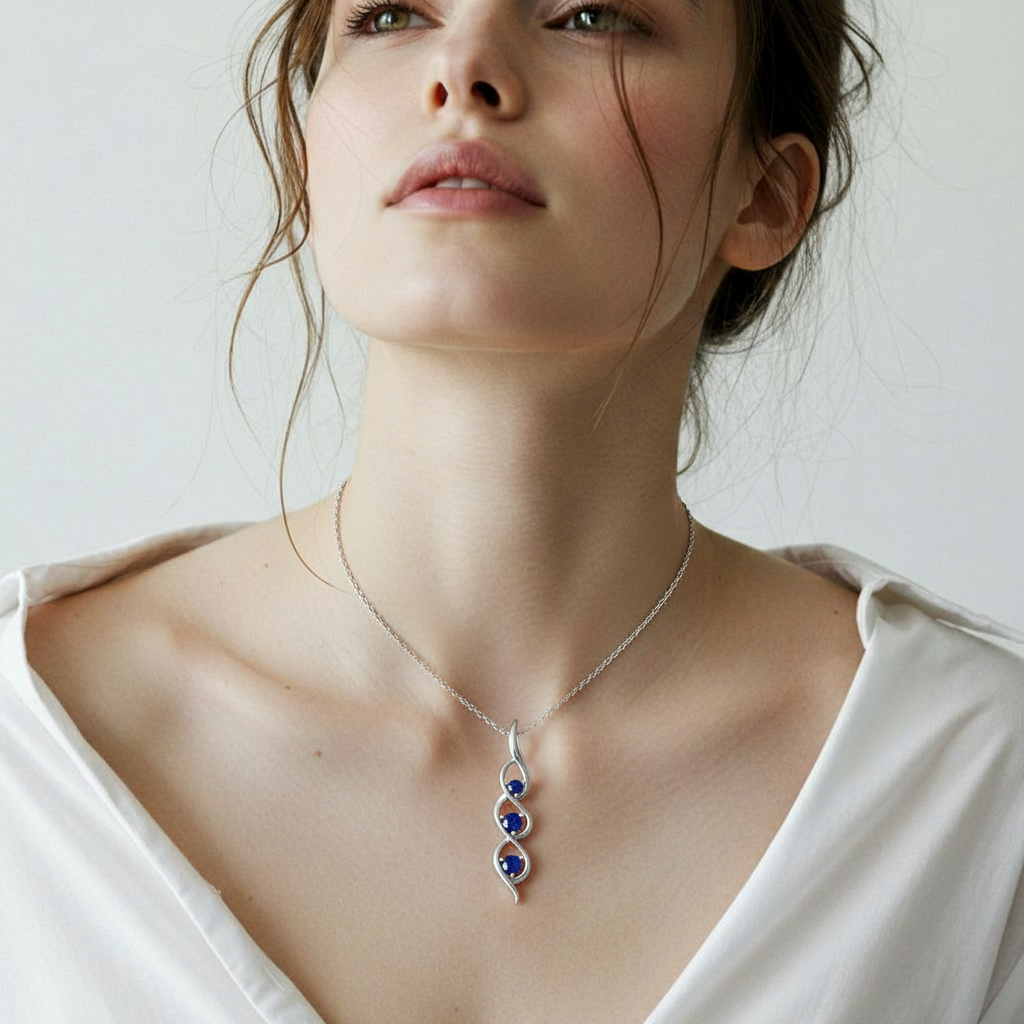 The Kaia 925 silver journey pendant shown with three deep sapphire blue stones